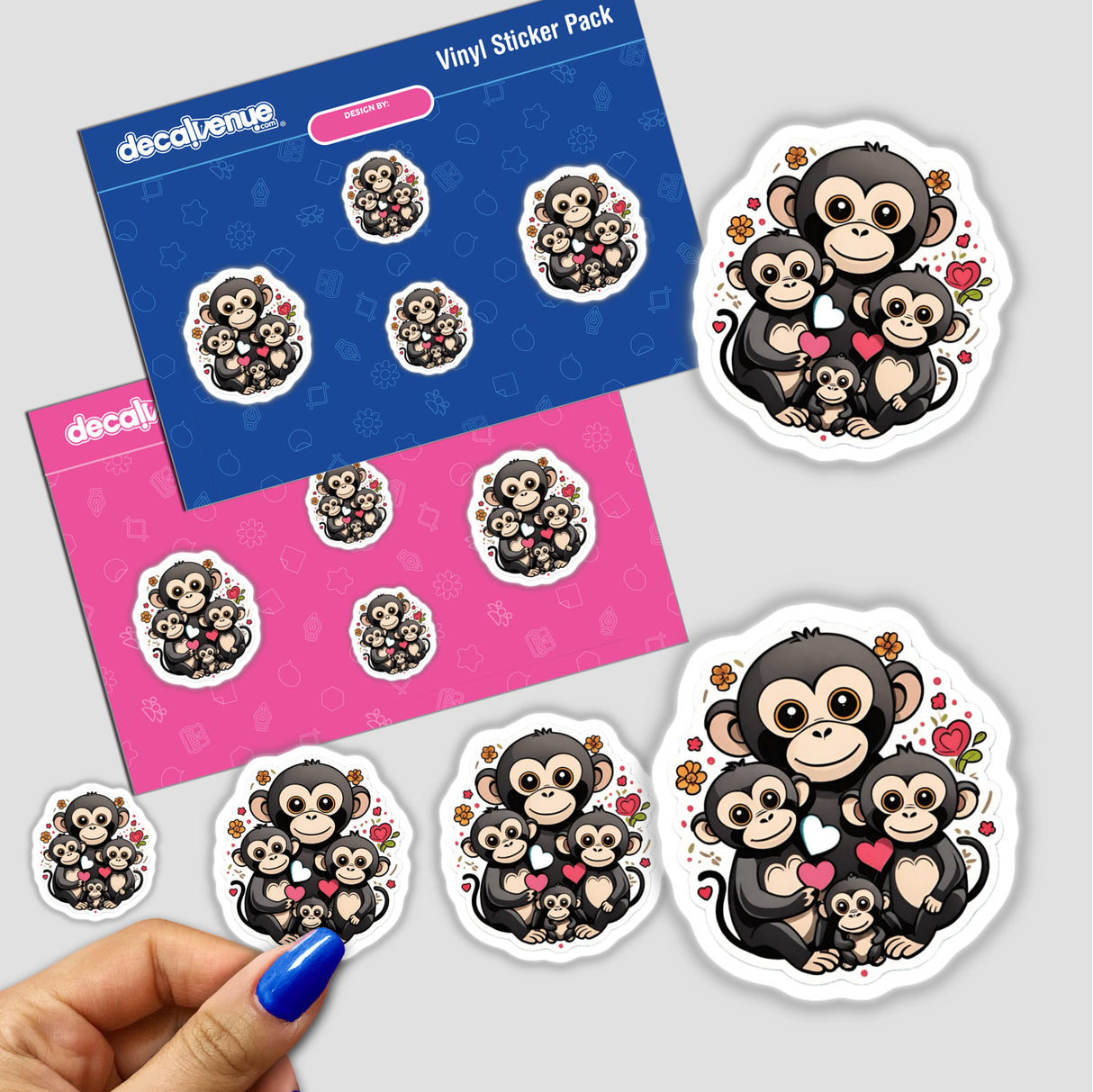 Adorable family of cartoon monkeys with hearts and floral patterns shown in a vinyl sticker pack, featured on product branding from Decal Venue, an online store offering unique digital artwork and stickers.