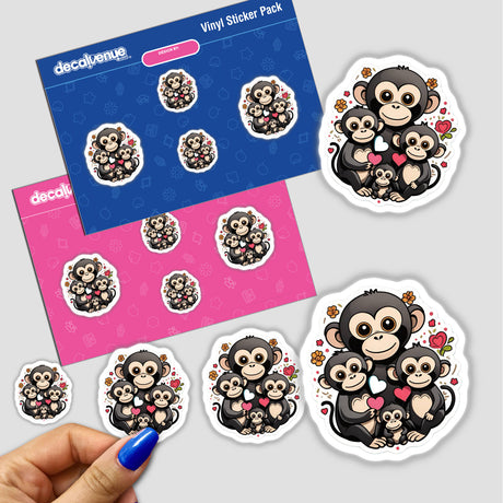 Adorable family of cartoon monkeys with hearts and floral patterns shown in a vinyl sticker pack, featured on product branding from Decal Venue, an online store offering unique digital artwork and stickers.