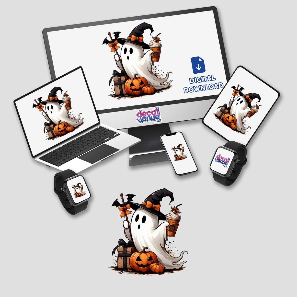 Halloween Orange Pumpkin Spice Ghost digital artwork featuring a cartoon ghost holding a drink and pumpkin displayed on a laptop and monitor. Available as stickers or digital downloads from Decal Venue.