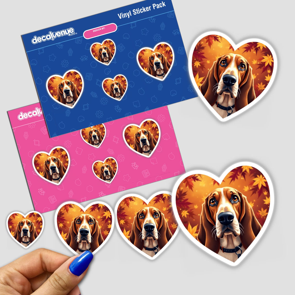 Fall Aesthetic Basset Hound Heart Clipart | Stickers or Commercial Use Download: Dog-faced stickers featuring a Basset Hound with brown ears and a collar, perfect for unique digital art or physical decals.