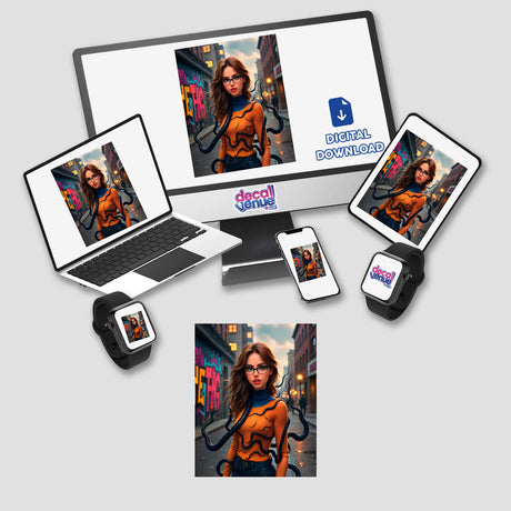 A Scary Symbiote Mutant Girl depicted on a laptop and tablet screen, showcasing a woman with long brown hair and black tentacles, available as stickers or digital artwork.