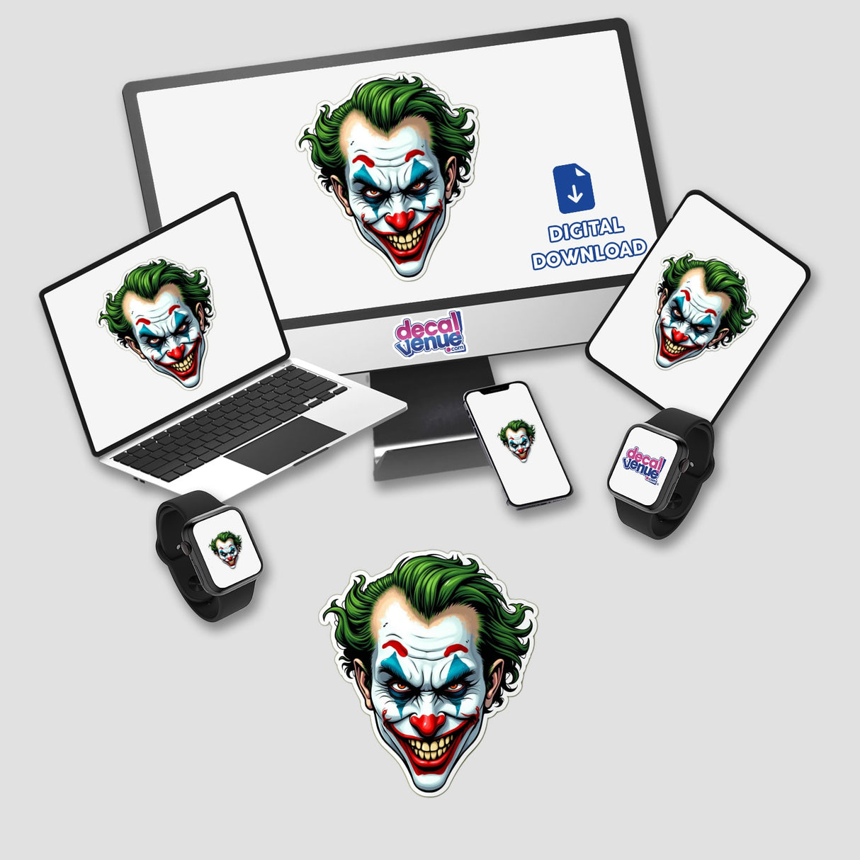 Palhaço Estrela stickers or digital artwork featuring a cartoon clown face displayed on various devices, including a computer monitor, laptop, tablet, and smartphone.
