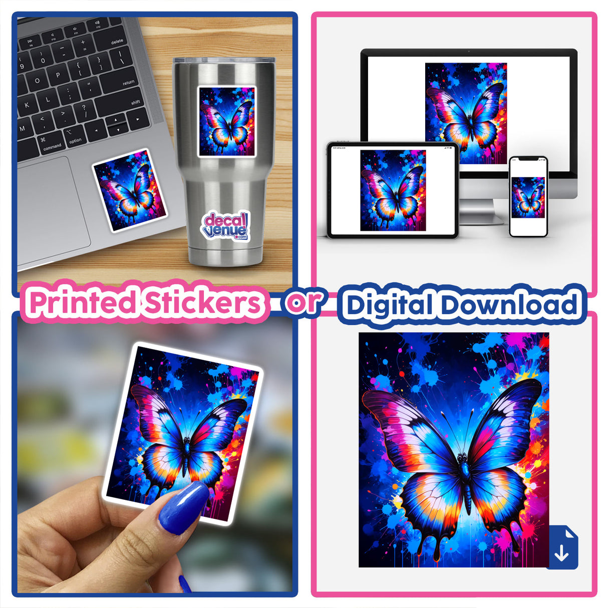 Collage featuring A Pretty Colorful Butterfly stickers and digital artwork, showcasing the butterfly design on various devices and surfaces, emphasizing versatility in Decal Venue's unique vinyl sticker and digital art offerings.