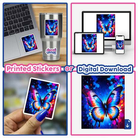 Collage featuring A Pretty Colorful Butterfly stickers and digital artwork, showcasing the butterfly design on various devices and surfaces, emphasizing versatility in Decal Venue's unique vinyl sticker and digital art offerings.