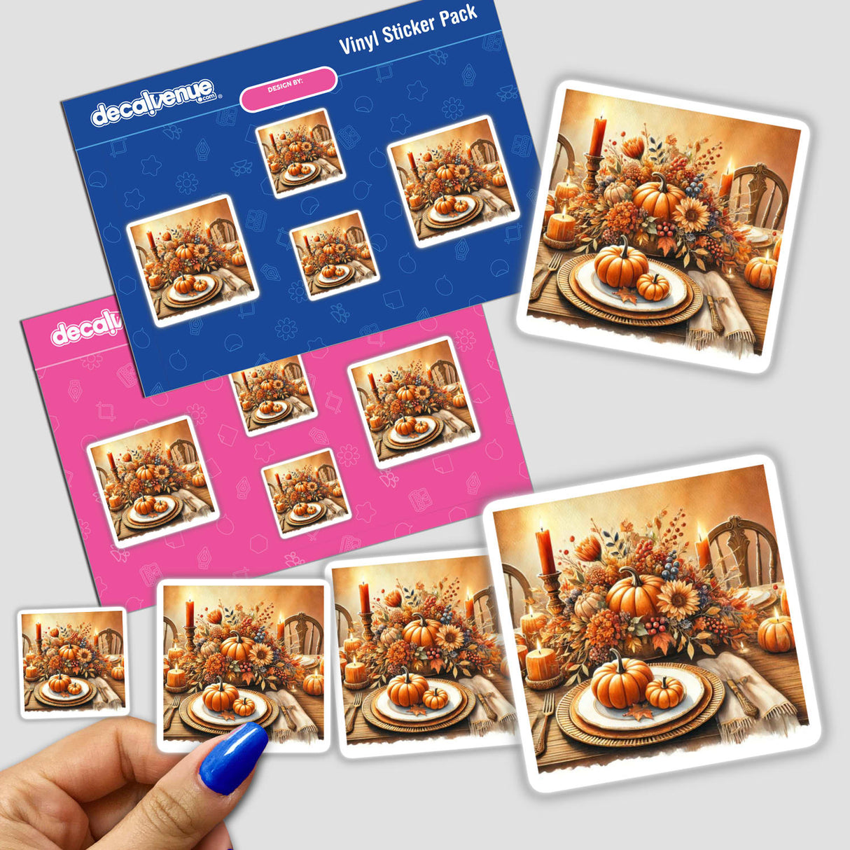 Thanksgiving Table - Festive Feast with Pumpkins and Leaves sticker featuring a detailed table setting with pumpkins, candles, and autumn decorations, perfect for seasonal decor.