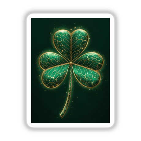 Golden Shamrock sticker or digital art, featuring a detailed green clover with gold accents. Ideal for adding a touch of luxury to any surface or digital project.