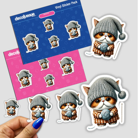 British Shorthair Cat Gnome sticker featuring a cat in a hat and sweater holding a ball of yarn, ideal for fans of unique stickers from Decal Venue.