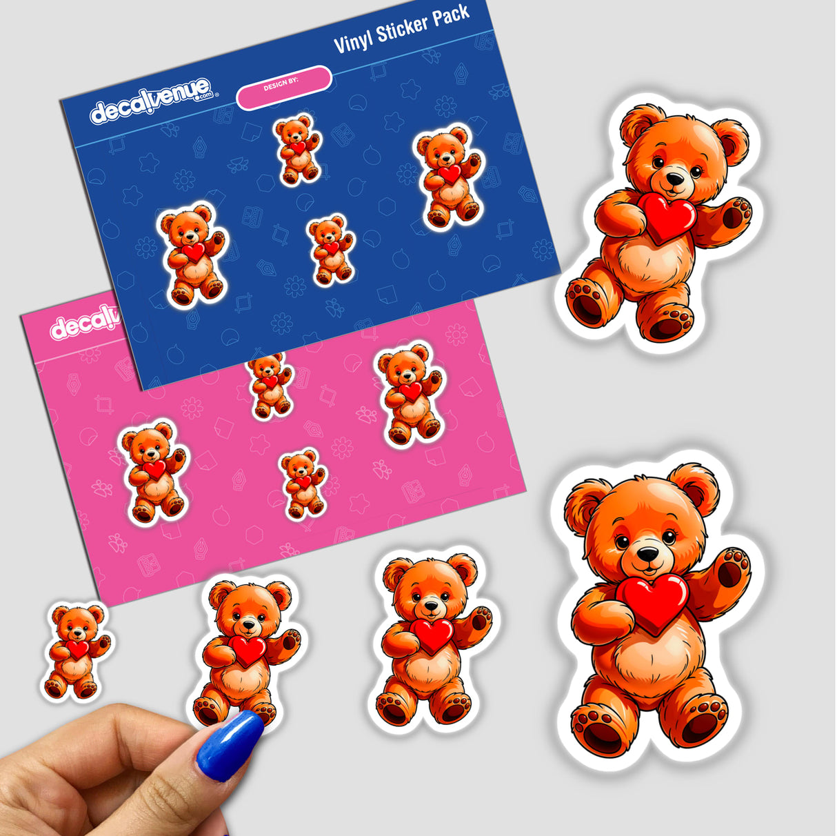 Cute Valentine's Day Teddy Bear stickers featuring cartoon bears holding hearts, available as stickers or digital artwork from Decal Venue. Perfect for adding charm to any surface or project.
