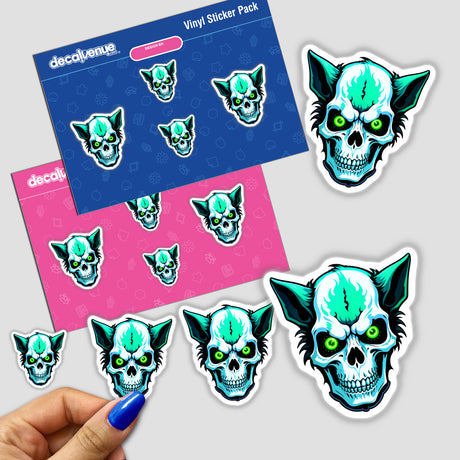 A Hybrid Human Dog Skull sticker pack featuring cartoon skulls, blending human and animal elements, ideal for fans of unique stickers and digital art from Decal Venue.