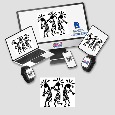 Kokeapelli design featuring a blue rectangle with a white arrow, close-up keyboard elements, and musicians, available as stickers or digital artwork from Decal Venue.