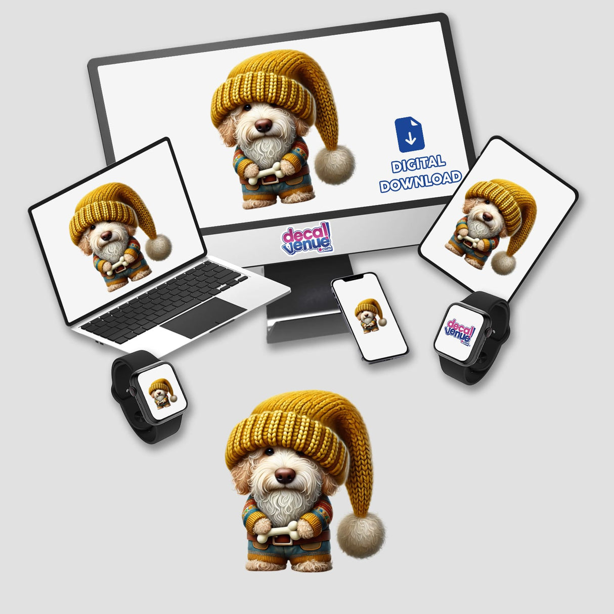 Goldendoodle Gnome Holding Dog Bone digital artwork displayed on a computer screen, featuring a cartoon dog wearing a hat and holding a bone, perfect for dog lovers from Decal Venue.