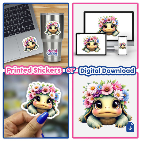 Adorable Turtle with a Spring Flower Crown sticker on a laptop, showcasing its whimsical design perfect for decorating notebooks or digital devices, offered by Decal Venue.