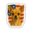 Patriotic Chihuahua Sticker – Cute Dog Clipart with American Flag features a tan Chihuahua with soulful eyes against an artistic American flag. Ideal for laptops, crafts, and commercial projects.