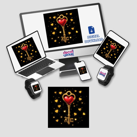 Gold Key with Heart Charms depicted on a computer screen, laptop, and smart devices, available as stickers or digital artwork, emphasizing unique designs from Decal Venue.