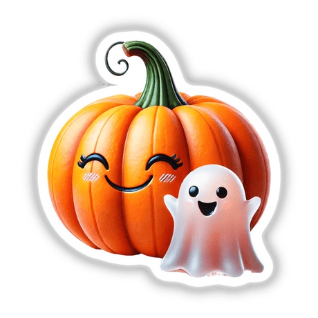 Happy pumpkin and cute ghost illustration available as stickers or digital art.