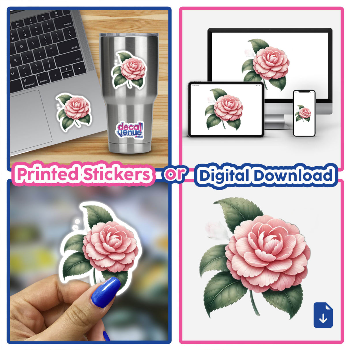 Exquisite Camellia Botanical Clipart - Alabama State Flower | Commercial Use & Sticker Option featuring a laptop adorned with a detailed flower sticker and close-up views of the floral design.