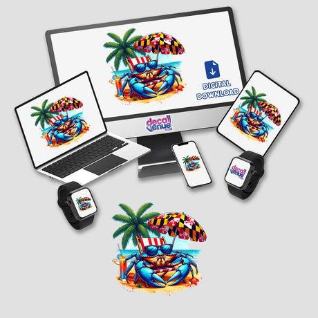 Maryland Shore Blue Crab Sitting on Beach III: A whimsical sticker or digital art featuring a blue crab lounging under a Maryland flag umbrella, perfect for beach-themed décor or creative projects.