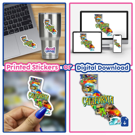 California-themed collage featuring a laptop adorned with a California sticker, showcasing the state's map. Available as vinyl stickers or digital art, reflecting Decal Venue's unique design aesthetics.