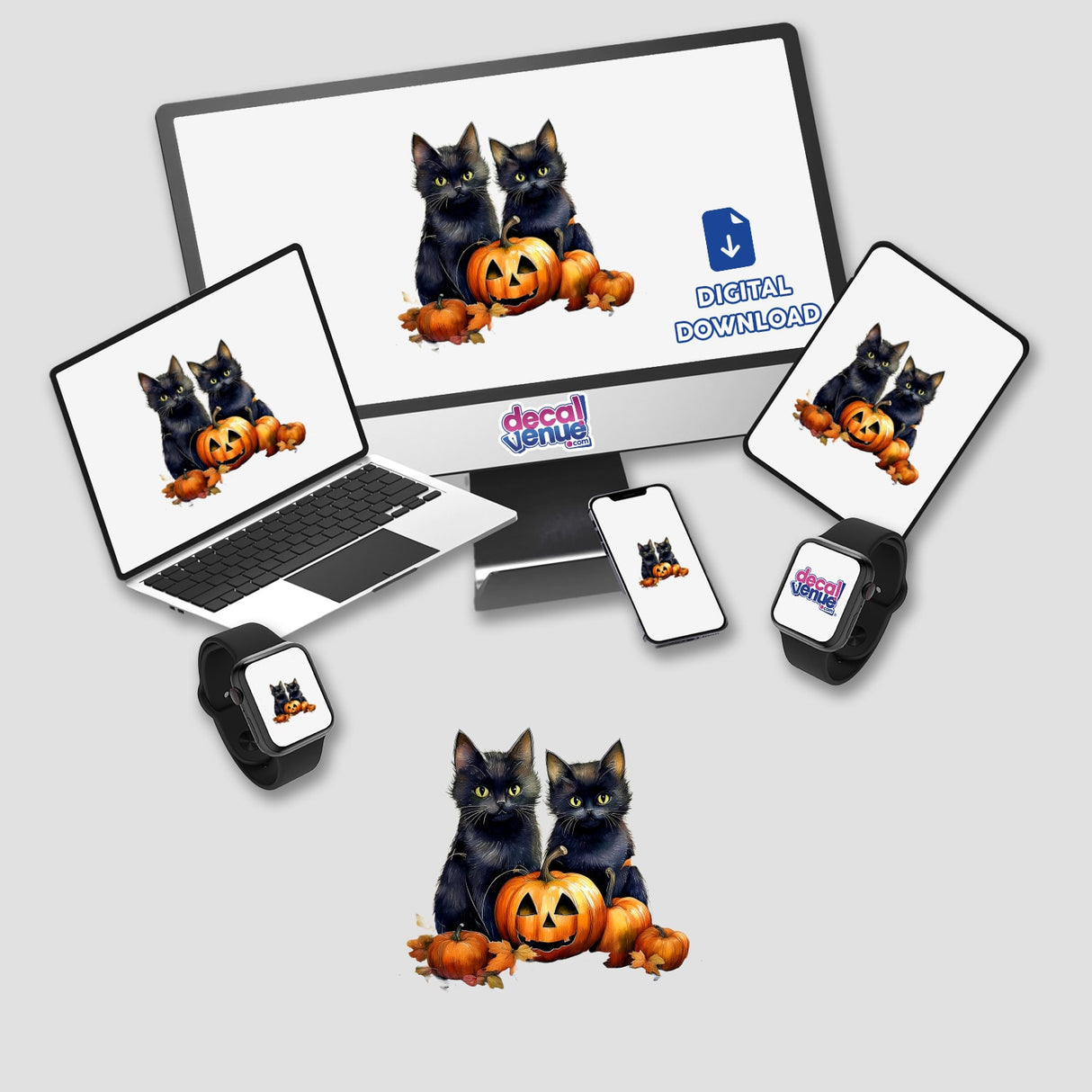 Black cats and pumpkin stickers or digital artwork featuring cats and pumpkins on a computer monitor and laptop screens.