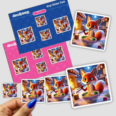 a hand holding a sticker with pictures of a fox