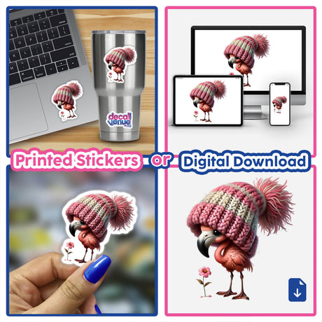 Collage of Flamingo Gnome with Flower stickers featuring cartoon flamingos wearing knitted hats.
