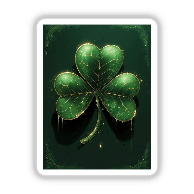 Golden Drip Shamrock: A lush green four-leaf clover with elegant gold accents, available as stickers or digital artwork from Decal Venue, emphasizing unique vinyl sticker artistry.