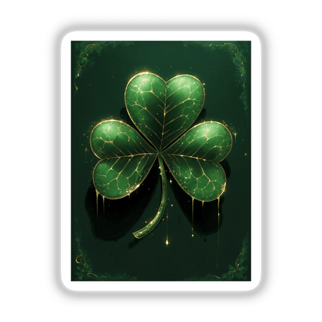 Golden Drip Shamrock: A lush green four-leaf clover with elegant gold accents, available as stickers or digital artwork from Decal Venue, emphasizing unique vinyl sticker artistry.