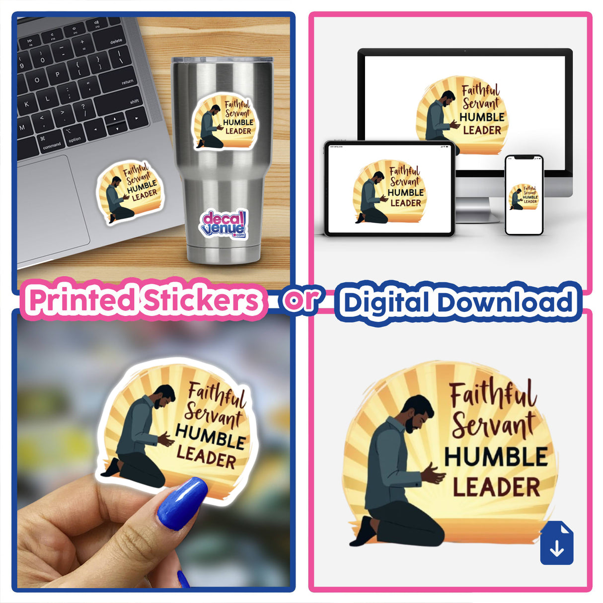 Collage featuring the 'Faithful Servant, Humble Leader' Pastor Appreciation Sticker, depicting a laptop with the sticker applied. Available as decals or Christian clipart downloads with commercial rights.