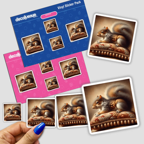 Sticker featuring a resting squirrel on a velvet cushion, perfect for adding a touch of nature to your belongings. Available as stickers or digital artwork from Decal Venue.