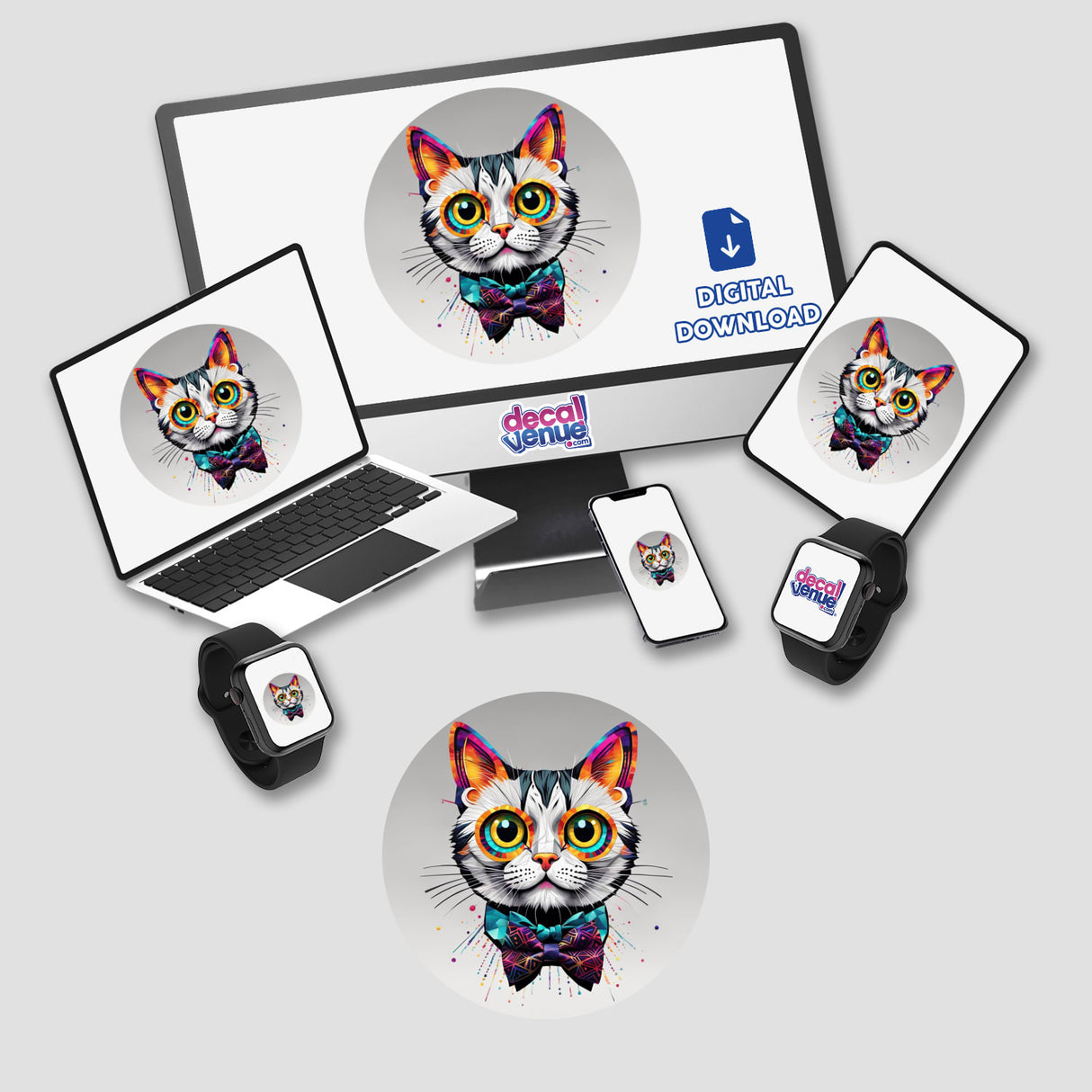 Colorful Confident Cat digital artwork displayed on various devices, featuring a cartoon cat with a bow tie, available as stickers or digital art from Decal Venue.