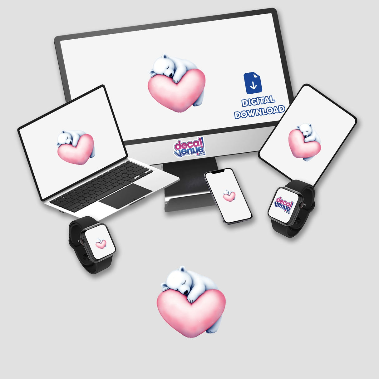 Polar Bear Sleeping on Heart sticker and digital art, featuring a cute bear hugging a pink heart on a laptop screen, ideal for adding charm to any space.