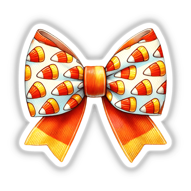 Candy Corn Pattern Coquette Bow available as stickers or digital artwork, featuring a candy corn design on a decorative bow.