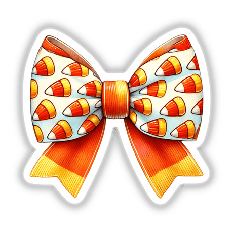 Candy Corn Pattern Coquette Bow available as stickers or digital artwork, featuring a candy corn design on a decorative bow.
