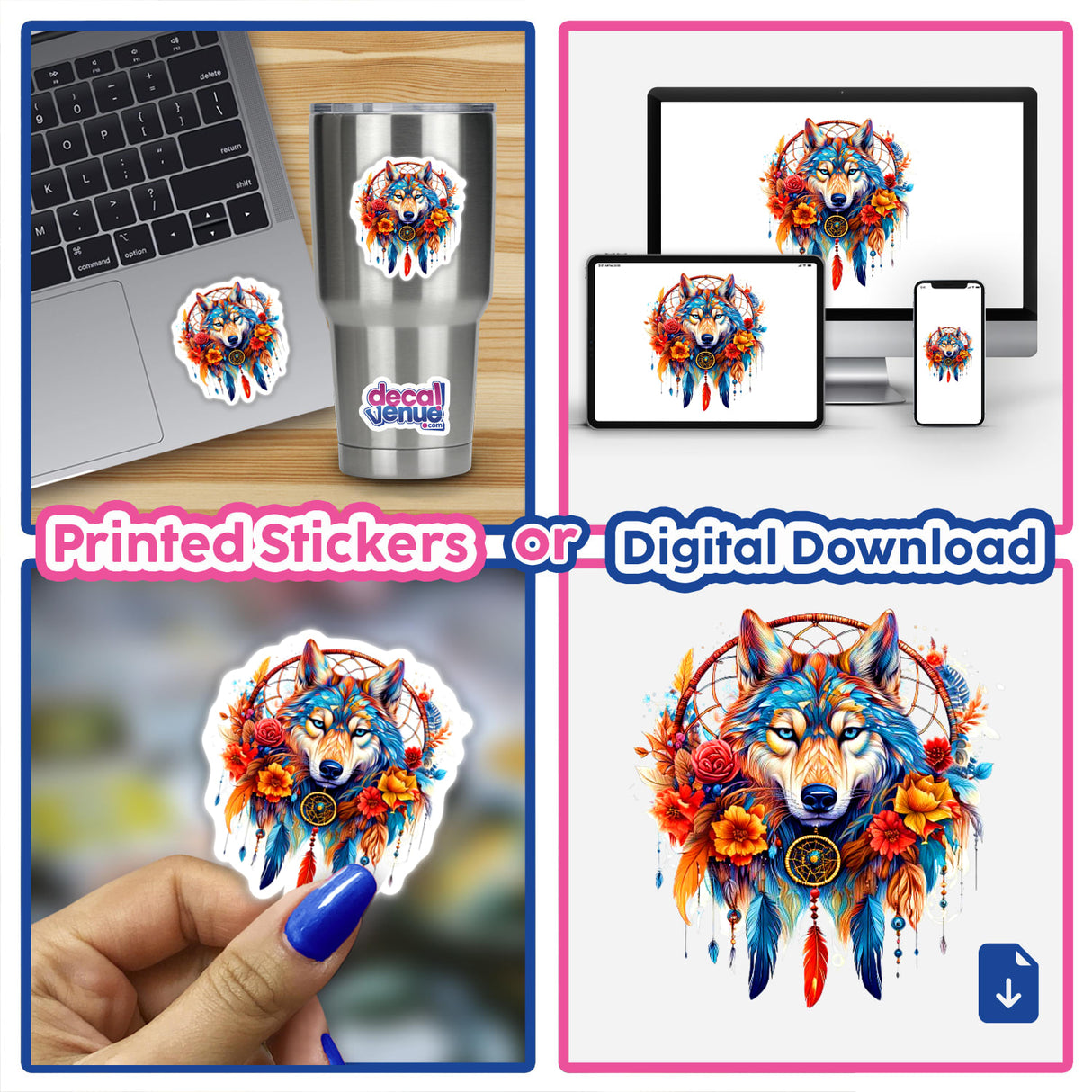 Dreamcatcher Wolf collage featuring hand-drawn and colorful wolf illustrations, available as stickers or digital artwork.