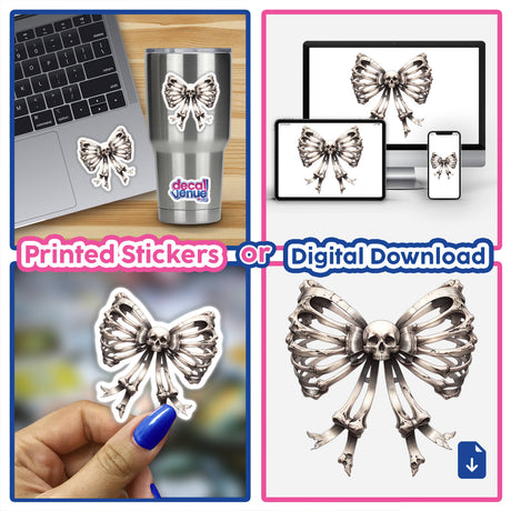 Stylish skeleton bow sticker designs, available as printed stickers or digital downloads from Decal Venue, an online shop offering unique digital art and sticker creations.