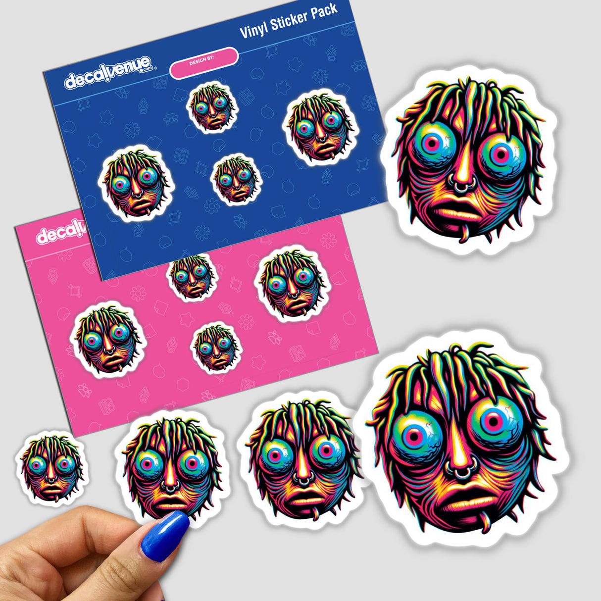 Colorful digital artwork stickers of abstract, surreal faces with vibrant patterns and textures, featured in a product image from Decal Venue store.