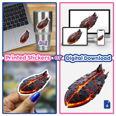 Molten Lava Spaceship stickers featuring a striking design of black and red elements resembling lava, available as both stickers and digital artwork.