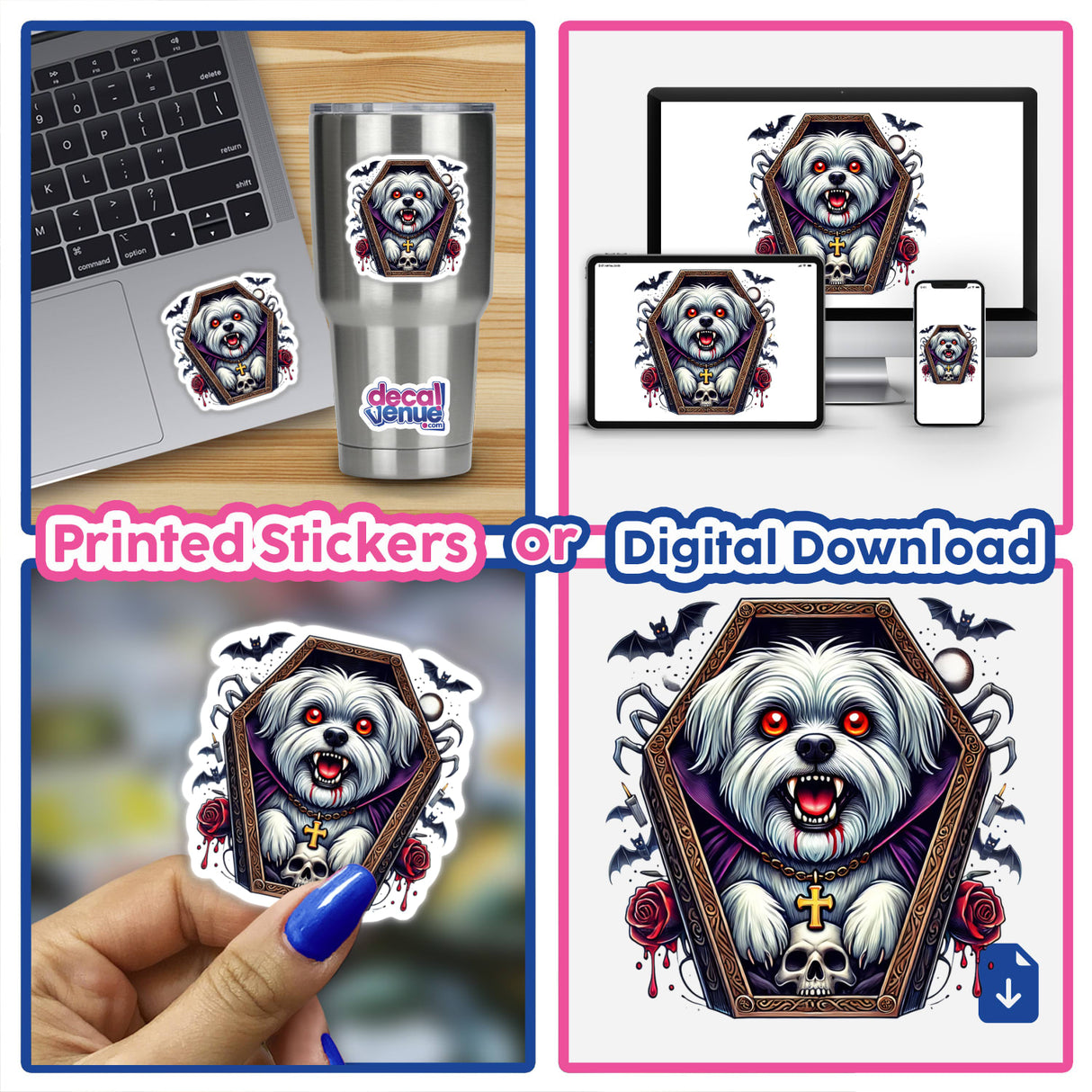 Spooky Maltese Dog Vampire Artwork - Vibrant digital designs for stickers, decals, and downloads to express your style. Scary yet adorable Maltese dog in Halloween vampire theme.