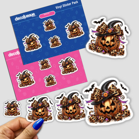 Leopard print Halloween pumpkin sticker pack with bows and spooky bat accents, displayed on a Decal Venue branded background.