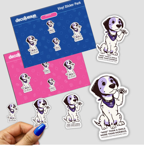 Sticker pack featuring Moe, the Moebius Syndrome Foundation mascot, with various cartoon dog designs promoting awareness of Moebius syndrome.