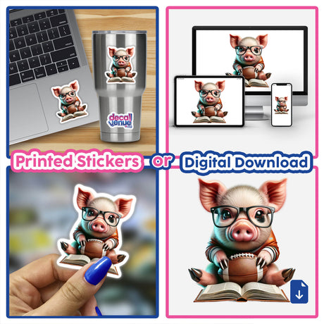 Pig in Reading Glasses with Open Book and Football depicted as a whimsical cartoon sticker, featuring a pig wearing glasses, holding a book and football, showcasing playful charm and creativity.