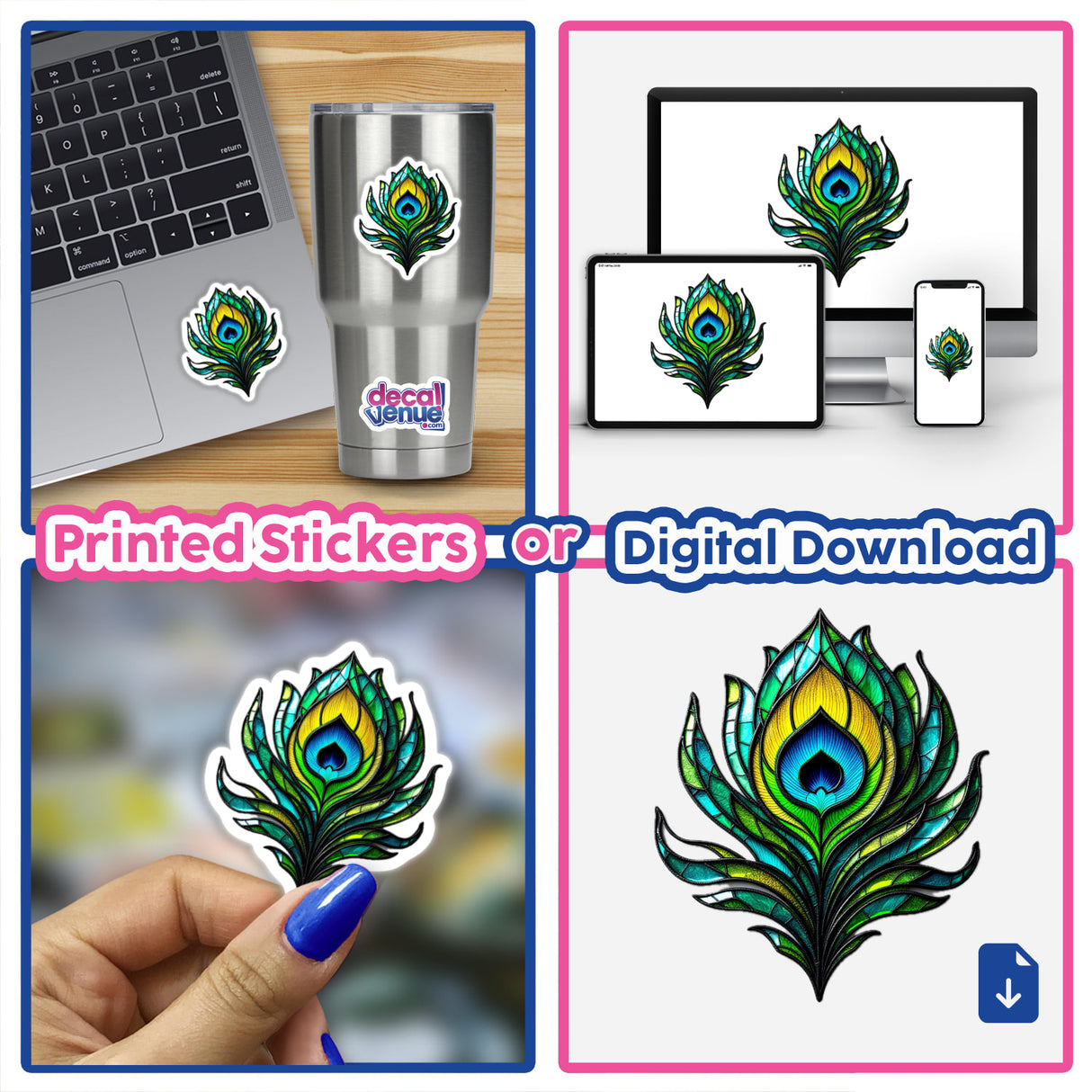 Peacock Feather Stained Glass Style sticker collage, featuring intricate designs. Available as a sticker or digital artwork, ideal for laptops and more from Decal Venue's unique collection.