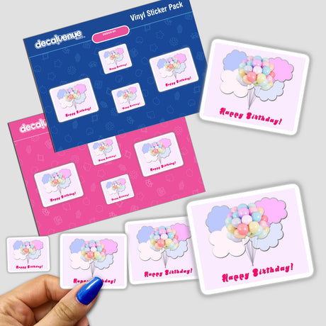 Pastel balloons floating in pink and lavender clouds on a pale pink background - a digital artwork featuring cheerful birthday wishes from the Decal Venue store.