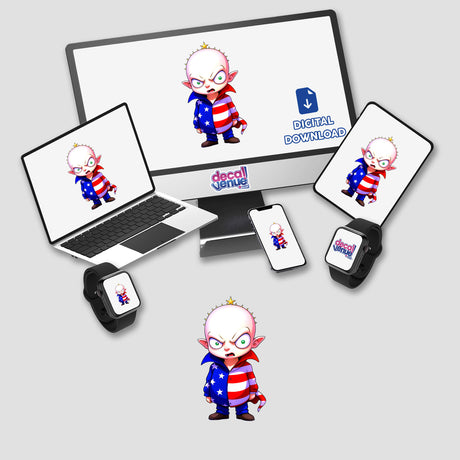 A computer monitor and laptop display a cartoon titled A Funny Guy With An American Flag Outfit, available as stickers or digital artwork from Decal Venue.