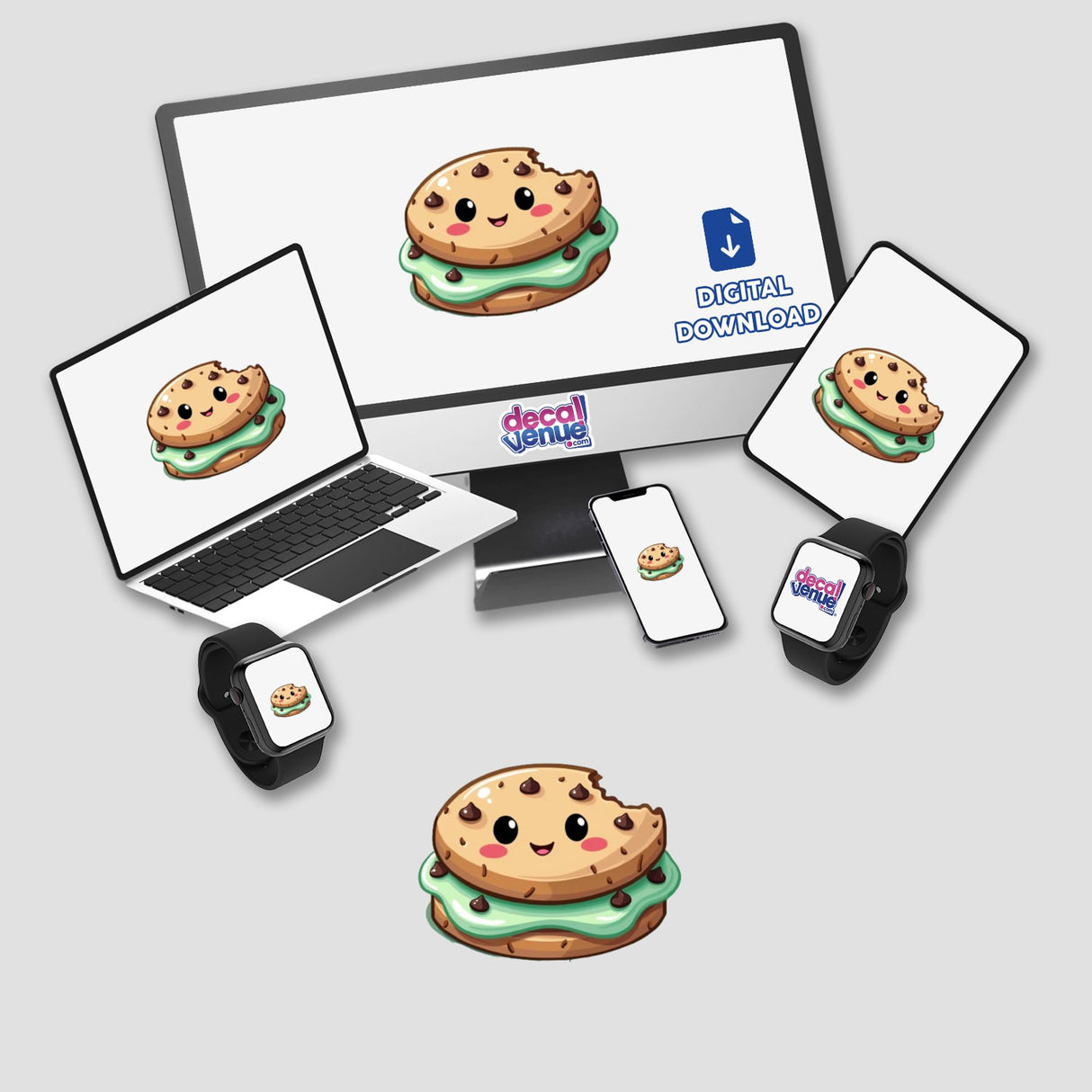 Kawaii Mint Cookie Sandwich Sticker featuring cute food art with a cartoon cookie on a computer monitor and laptop, available as stickers or digital artwork from Decal Venue.