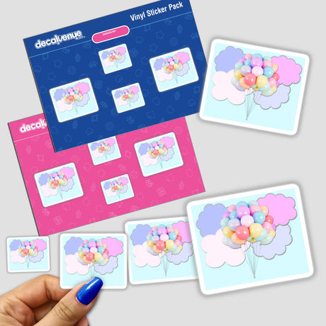 Pastel balloons floating in blue sky with pink and lavender clouds - digital artwork stickers from Decal Venue