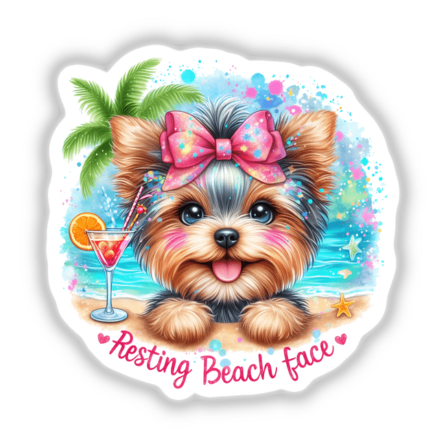 Adorable yorkie dog at the beach with a colorful bow, cocktail, and tropical foliage