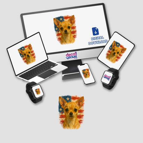 Patriotic Chihuahua Sticker: A charming tan Chihuahua with soulful eyes set against an American flag backdrop, perfect for laptops, journals, or crafts. Ideal for dog lovers and patriotic celebrations.