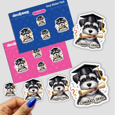 Cute Schnauzer Graduation Dog with Cap and Diploma stickers feature a cartoon dog in graduation attire, perfect for celebrating graduates. Available as unique vinyl stickers or digital art from Decal Venue.