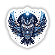 Decorative digital artwork of a celestial blue owl with intricate feather patterns, mystical symbols, and a starry night sky background.
